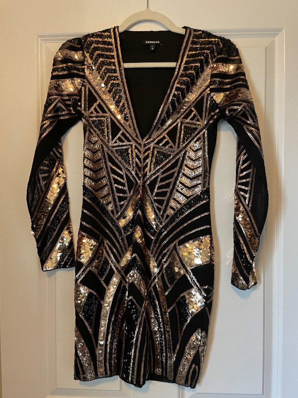 Express Art Deco Black and Gold Geometric Sequin Cocktail Dress - XS